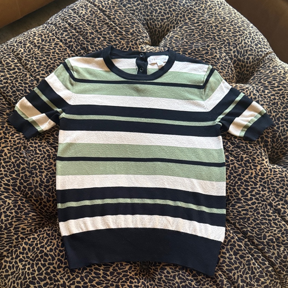 Philosophy Green and Black Striped Crewneck Sweater